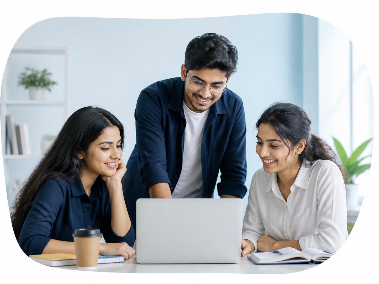 Students and job seekers collaborating around a laptop