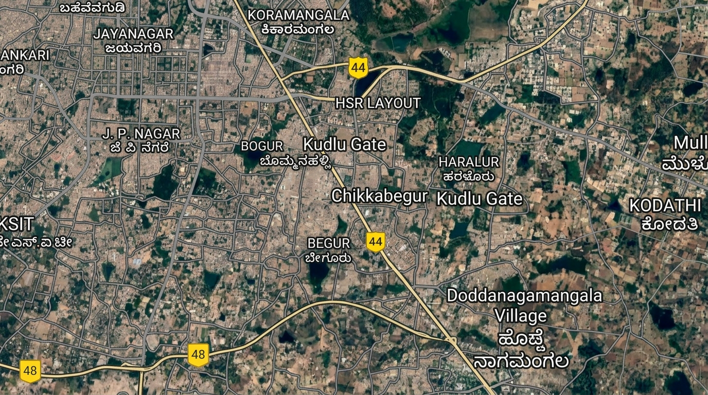 Static satellite view centered on the E2E Procurement office at Chikkabegur Gate, Bengaluru