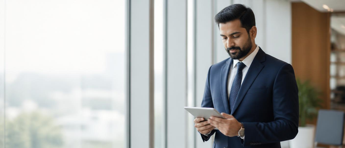 Senior Indian manager reviewing work on a tablet