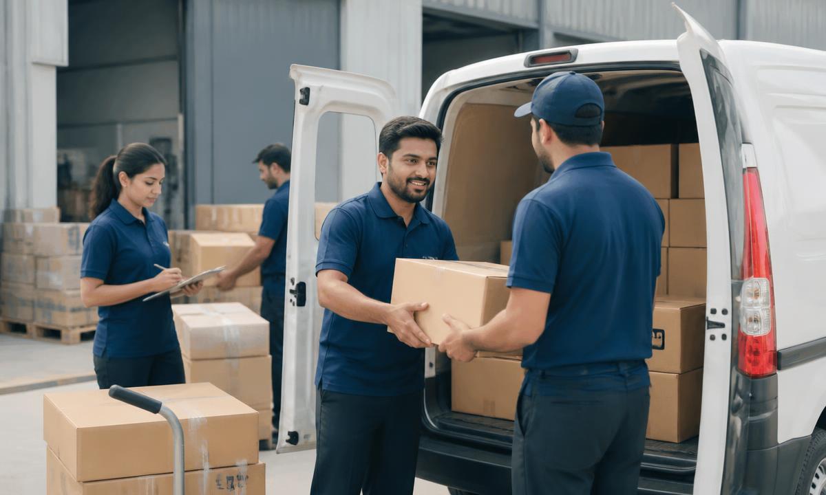 Logistics professionals loading parcels into a delivery van