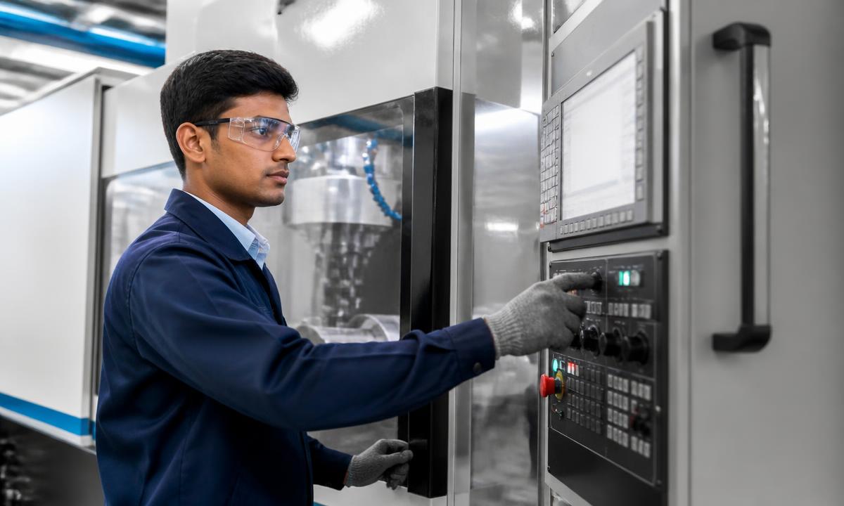 Manufacturing engineer operating a modern CNC machine