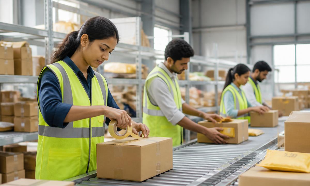 Warehouse team packing parcels at a distribution centre